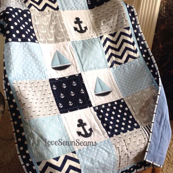 Nautical Sailing Crib Size quilt in blue navy gray