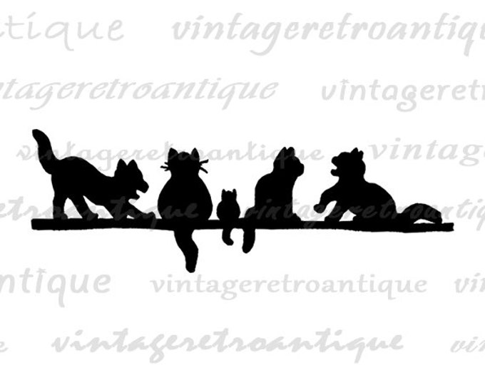 Cat Silhouettes Digital Printable Image Cats Download Graphic Illustration Antique Clip Art Jpg Png Eps HQ 300dpi No.2104