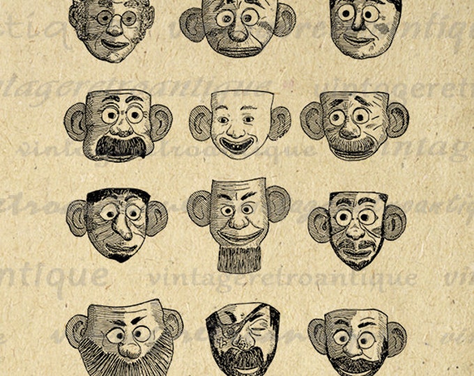 Printable Graphic Antique Faces Masks Digital Collage Sheet Download Classical Heads Image Vintage Clip Art HQ 300dpi No.1742