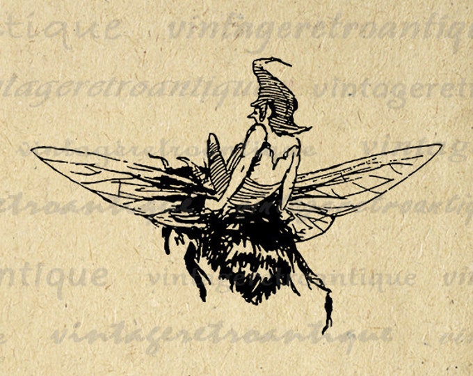 Elf Riding Bumblebee Graphic Printable Download Fairy Bee Digital Image Vintage Clip Art Jpg Png Eps HQ 300dpi No.1745