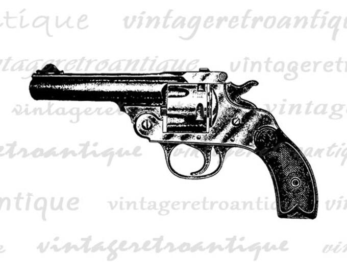 Printable Image Revolver Gun Digital Pistol Illustration Download Graphic Antique Clip Art Jpg Png Eps HQ 300dpi No.1486