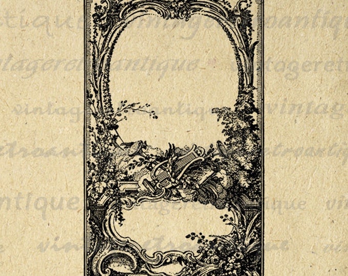 Digital Classic Frame with Flowers and Harp Graphic Printable Image Download Antique Clip Art Jpg Png Eps HQ 300dpi No.2713