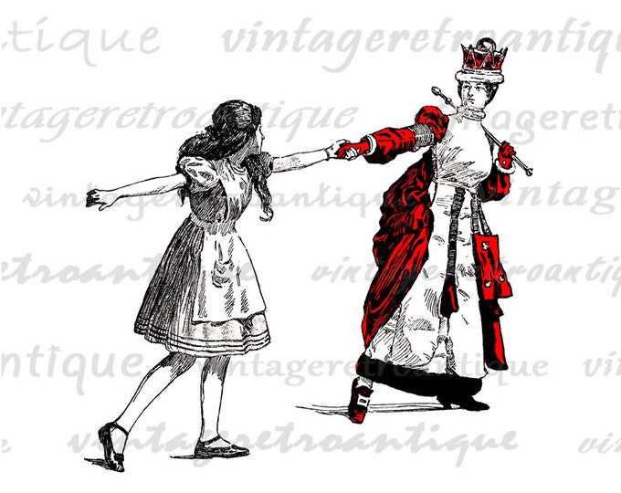 The Red Queen Pulling Alice Image Graphic Digital Alice in Wonderland Printable Download Antique Clip Art HQ 300dpi No.2497