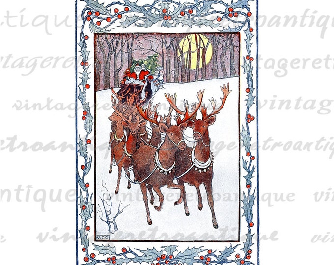 Printable Image Santa Claus with Reindeer Graphic Download Color Illustration Digital Vintage Clip Art HQ 300dpi No.2430