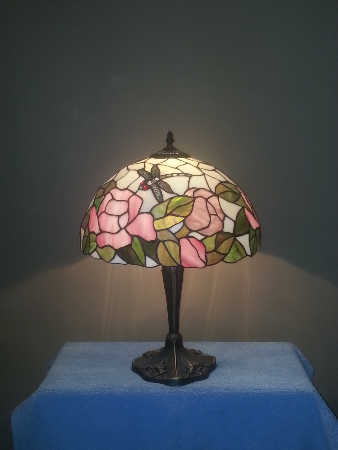 Stained Glass Lamp Dragonflies Floral Theme by SandECollectibles