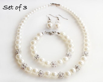 Bridesmaid gift set of 3, pearl necklace bracelet earrings, wedding jewelry, bridesmaid gift, wedding gift, pearl and rhinestone