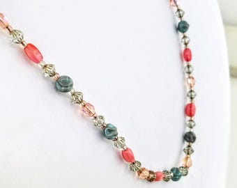 Pastel Necklace, Beaded Necklace, Boho Necklace, Pink Green Necklace, Gift for Her, Long Necklace, Pastel Jewelry, Crystal Necklace