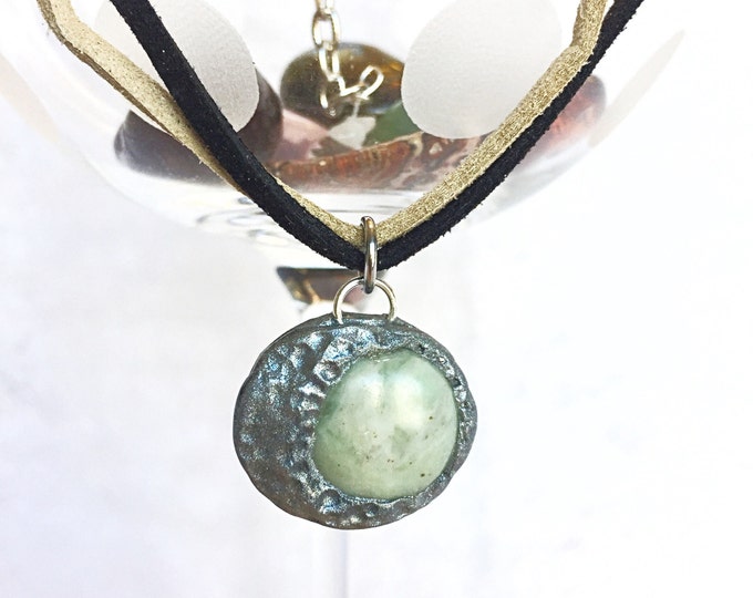 Blue Serpentine Jasper Full Moon Antique Silver Cresent Moon Pendant on Nude and Black Suede Leather Choker with Moonstone