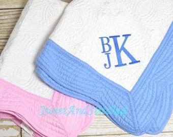 Monogrammed quilt, Quilt, monogrammed Baby quilt, Personalized Quilt with monogram pink or blue, heirloom baby quilt, baby shower gift