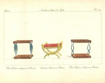 Original Antique Hand Colored Engraving,Furniture from Collection de Meubles et Objets de Goût by Pierre de La Mésangère (1761-1831)
