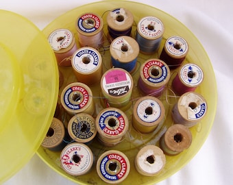 Yellow Plastic Thread Box Filled with Wooden Spools of Thread, 1960's
