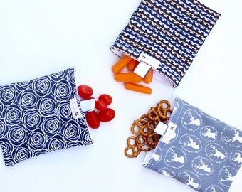 Set of 3 Reusable Food Grade Snack and Sandwich Bag - Reusable Snack Bag - Reusable Sandwich Bag - Lunch Bag - Fabric Snack Bag - Dryer Safe