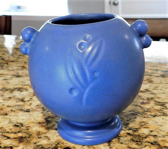 1900s Arts Crafts Period Pottery Stoneware Vase Cobalt Blue Matte American Art Pottery Round Flower Vase Vintage Cottage Home Decor Garden