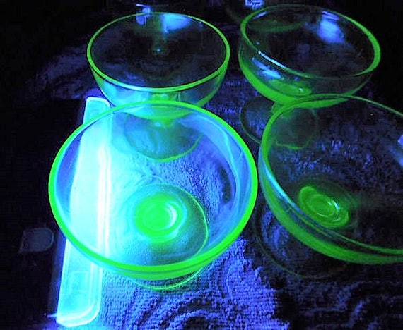 1930s Green Vaseline Uranium Depression Glass Footed Cups Set Five Sherbert Sherbet Dessert Vintage Kitchen Farmhouse Country Cottage Home