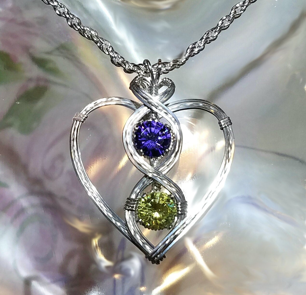 Two Heart Birthstone Gemstone Necklace Pendant Wire Wrapped