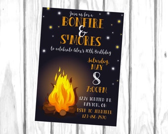 Bonfire Birthday Invitation, Bonfire Invitation, S'mores Invite, Summer Birthday, Fall Birthday, Campfire, Camping, Printable Invitation