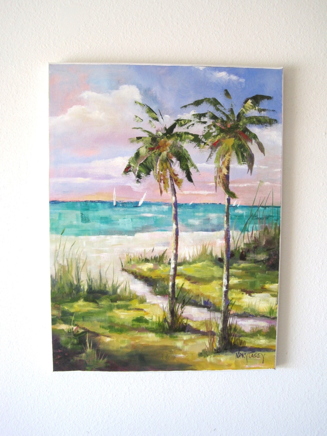 Oil painting sailboat palm trees beach ocean water bright