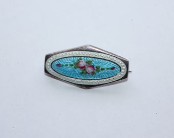 Vintage antique Victorian guilloche enamel rose brooch set in silver