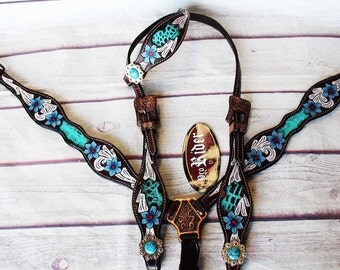 Horse Tack Bridle Western Leather Headstall Breast Collar Turquoise Brown 80193A