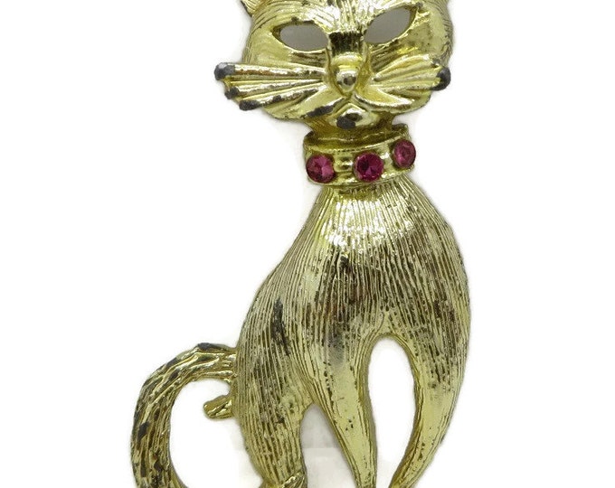 Gold Cat Brooch, Vintage Gold Tone Kitty Pin, Rhinestone Studded Pin, Kitty Kat Pin, Gift Idea