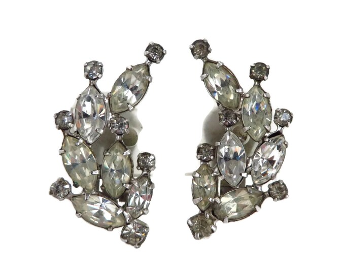 Vintage Weiss Navette and Round Rhinestone Curved Clip-on Earrings