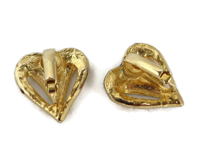 Vintage Cloisonne Heart Earrings, Gold Tone Clip-on Earrings