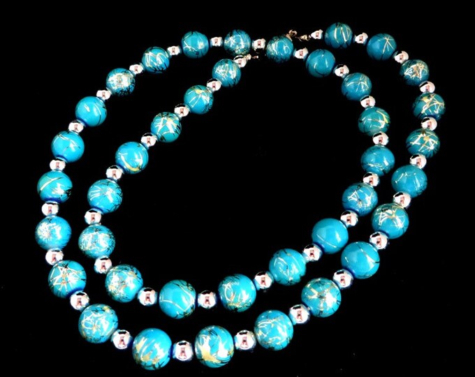 Teal Green Silver Tone Etched Bead Necklace, FREE SHIPPING