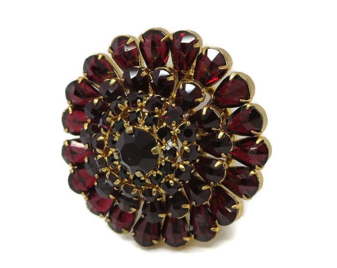 Red Crystal Brooch, Vintage Austrian Crystal Pin, Flower Brooch, Goldtone Austria Pin, Gift For Her
