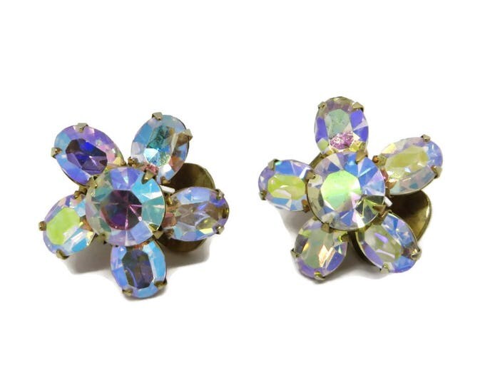 WEISS Snowflake Earrings, Vintage Rhinestone Earrings, AB Rhinestone Clip-ons, Signed Weiss Jewelry, Bridal Jewelry, Gift Idea