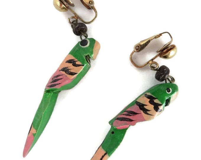 Green Parrot Earrings, Vintage Wood Parrot Dangling Clip on Earrings, Costume Jewelry Gift Idea