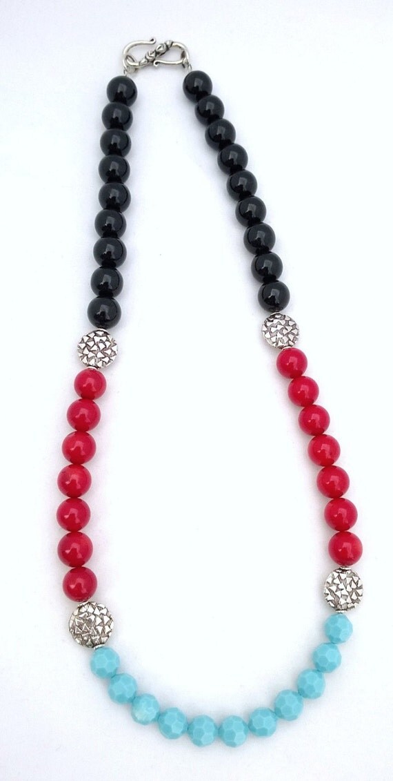 Onyx, Coral and Turquoise Necklace, Onyx Necklace, Coral Necklace, Turquoise Necklace