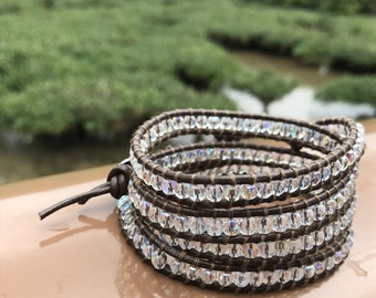 Crystal Beaded 4 Wrap Bracelet on Dark Brown Leather - Chan Luu Style