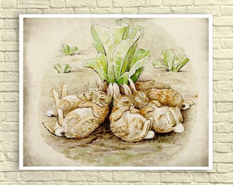 Beatrix Potter Print, Beatrix Potter Wall Art, Beatrix Potter Art Print, The Tale of the Flopsy Bunnies, Baby Nursery Art, Children's Art.