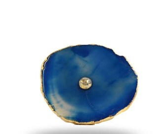 Blue Agate Furniture Knob with Brass Hardware, Unique Cabinet Fixture for Kitchens, Bathrooms and Bedrooms, Decorative Dresser Drawer Pull