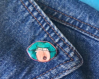 Shrink plastic pin, green lips pin, pierced tongue pin, lips and tongue pin, tongue ring pin, mouth pin, wearable art, gift for her, shiny