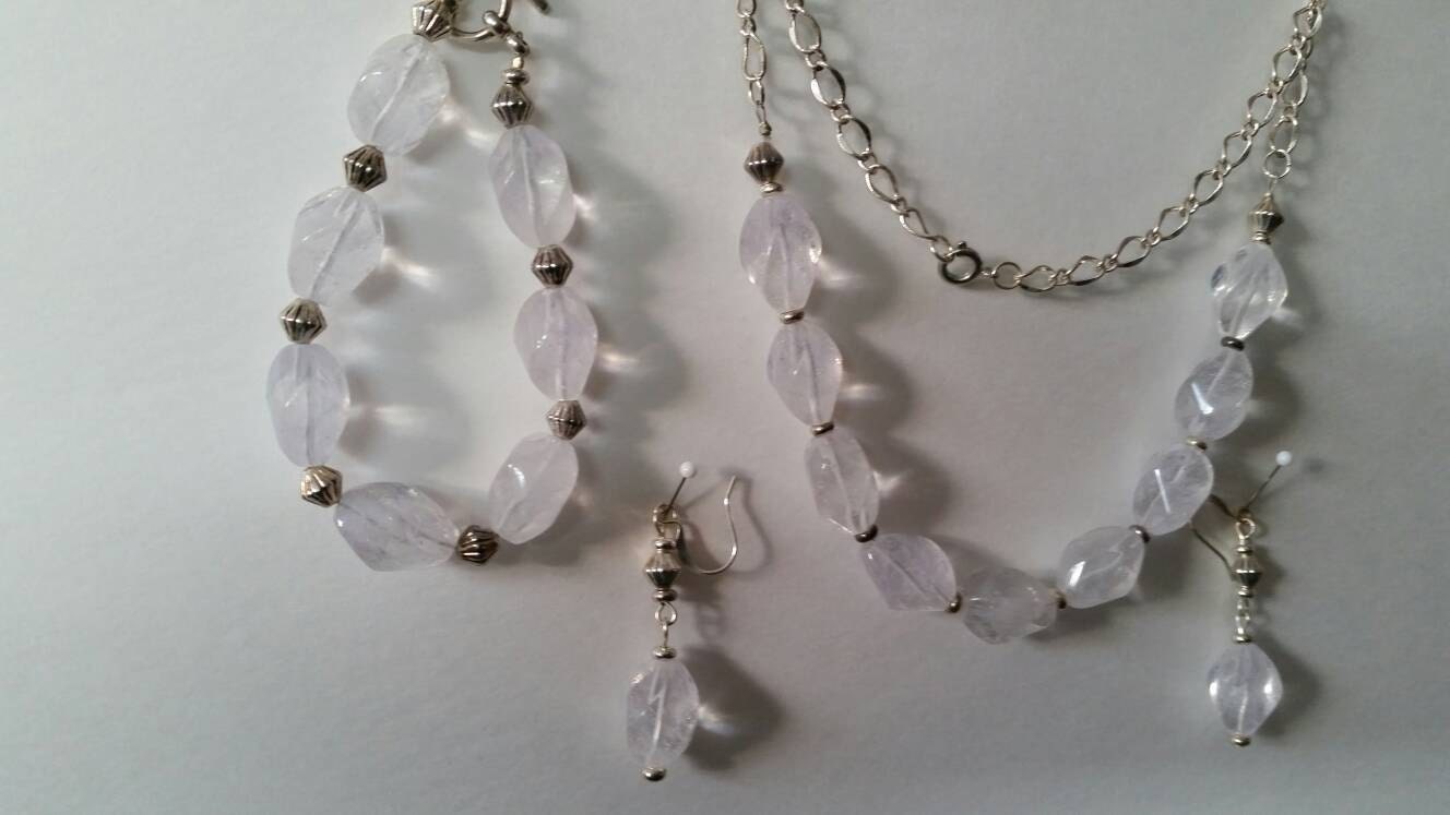 Snow Quartz Necklace Bracelet and Earrings with Silver