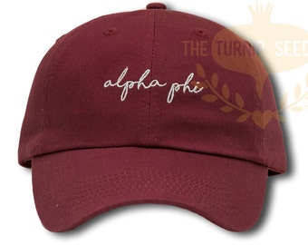 Alpha Phi Handwriting Script Sorority Baseball Cap - Custom Color Hat and Embroidery
