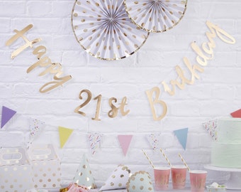 21st Birthday Banner, Gold Happy Birthday Banner, Bunting, 21st Birthday Party Decoration, Modern Print Banner
