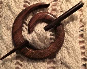 SWIRL SHAWL PIN, wooden, beautiful, Indian Rosewood (the colour of British teak) - with turned stick.