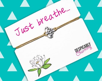 Yoga bracelet, Yoga friendship bracelet, Karma bracelet, Lotus bracelet, Yoga card, Yoga gift, wish charm, gift for her, under 10 dollars