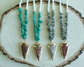 SALE - Arrowhead Necklace - Long beaded Necklace - Bohemian Jewelry - White beads - 1 piece