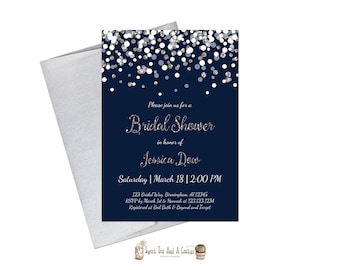 Navy and Silver Glitter Bridal Shower Invitation Elegant Confetti Printable Digital File or Prints Blue Wedding Announcements