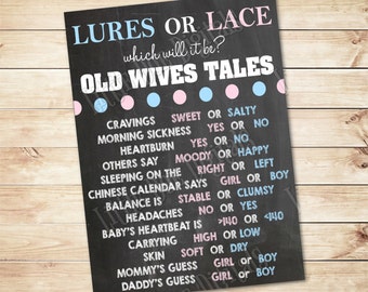 Instant Download - Lures or Lace Old Wives Tales - 3 SIZES Old Wives Tales Poster - Gender Reveal - Boy or Girl- Prediction Board
