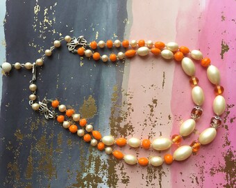 Orange White Necklace Multi Strand Beads Vintage Jewelry