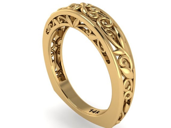 Euro shank wedding band Rustic style leaves and vine