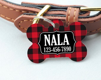 Buffalo Plaid Pet ID Tag - Red Black Plaid Custom Dog Name Tag