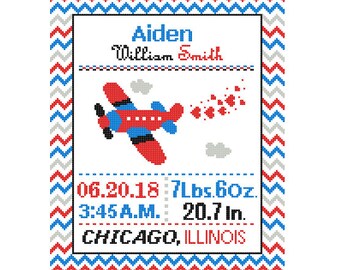 1 Custom Pattern Cross Stitch Birth Announcement Cross Stitch Birth Record Cross Stitch Baby Boy Airplane Nursery chevron Red Blue Green