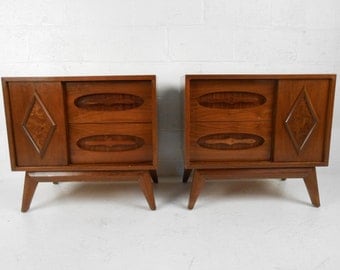 Pair Mid-Century Modern Nightstands with Sliding Sculpted Fronts (7336JR)