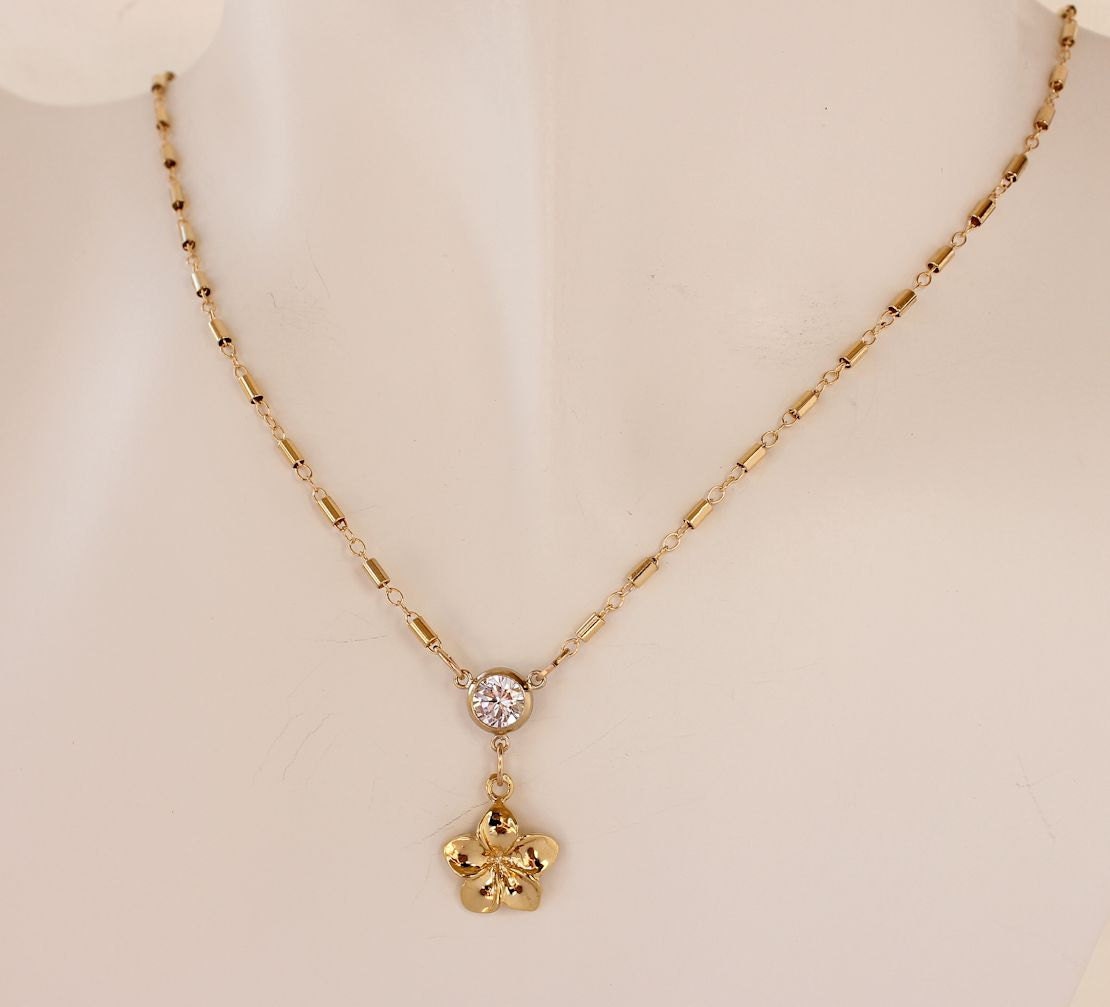 Gold Plumeria Crystal Necklace Gold Frangipani Charm