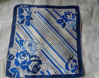1930's Hankie blue and white stripes and flowers art deco